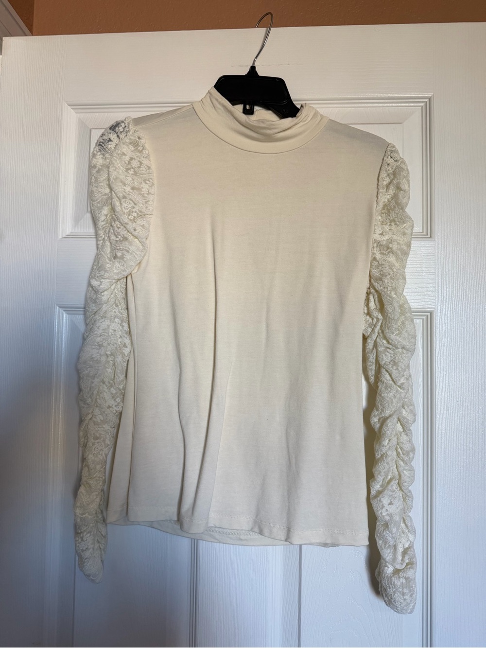 Anthropologie Cream Lace-Sleeve Mock Neck Top